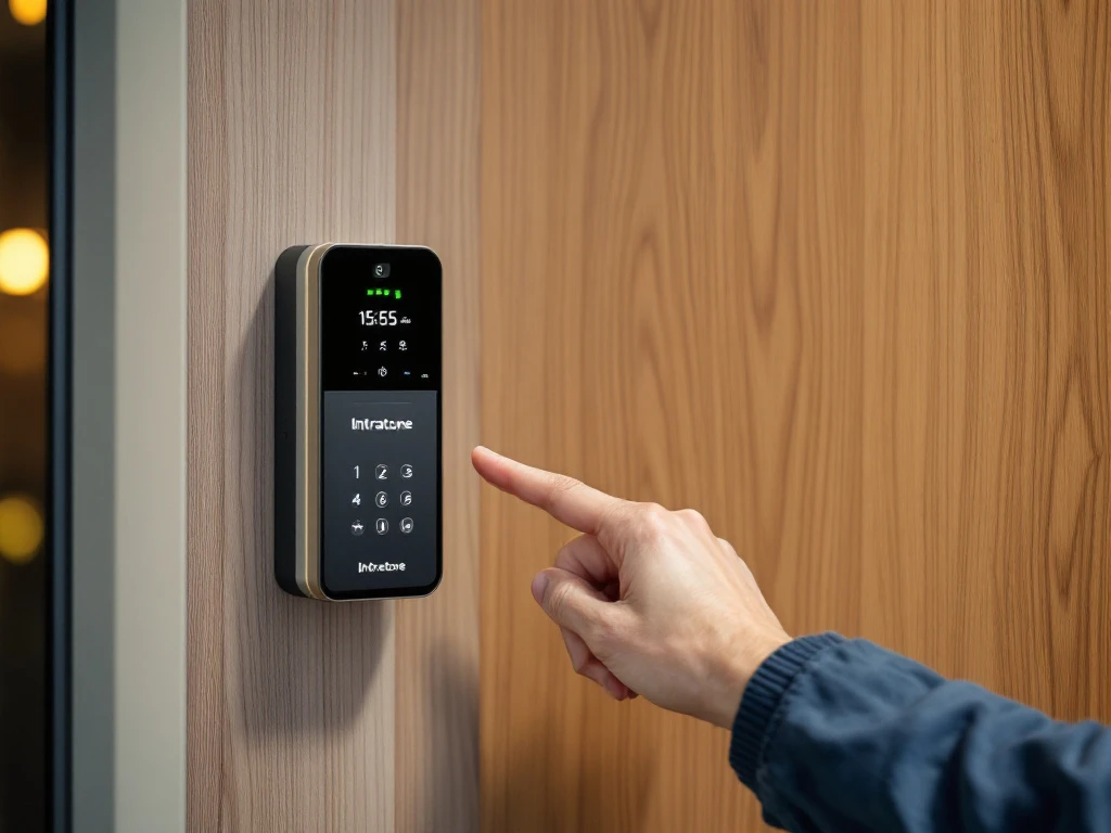 Moderne Intratone intercom waarbij een professionele technicus onderhoud uitvoert naast een stijlvolle voordeur in warm ochtendlicht, met georganiseerd gereedschap.