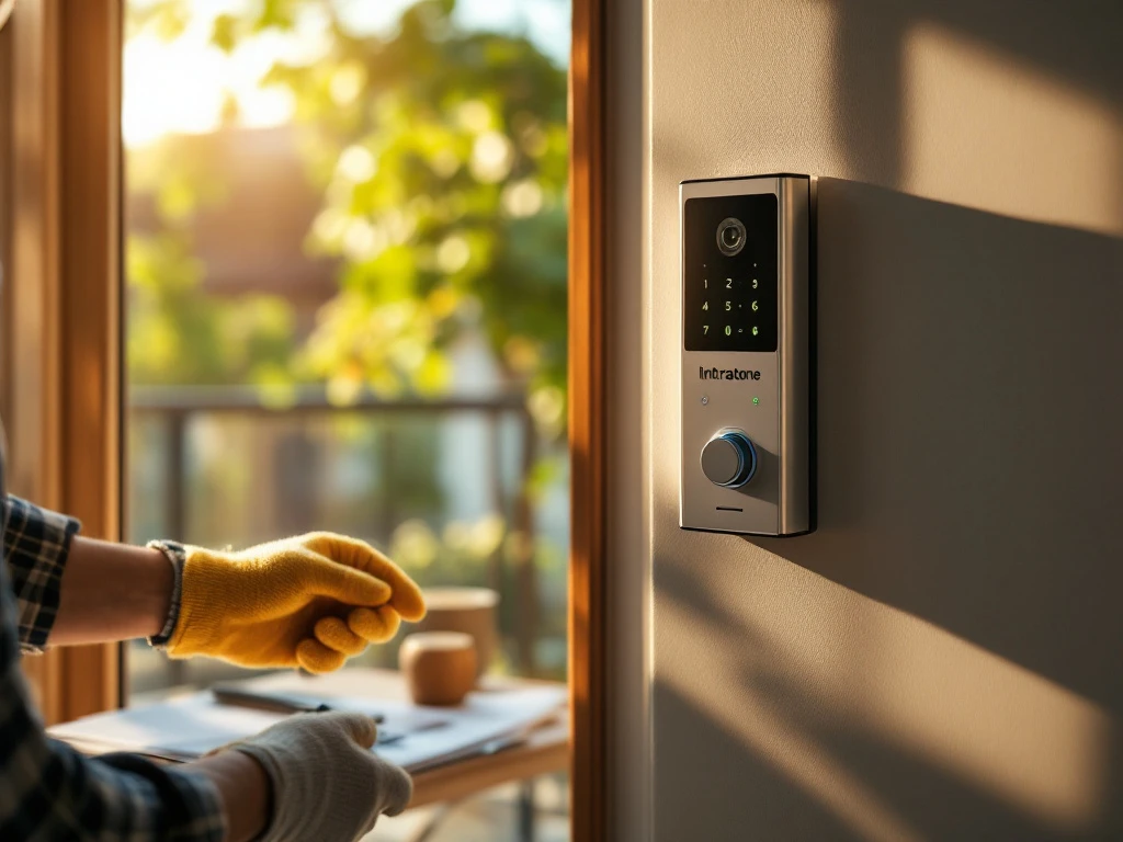 Installatie van modern Intratone intercomsysteem naast voordeur. Handen met werkhandschoenen gebruiken gereedschap terwijl bedrading en handleiding netjes klaarliggen in zonlicht.