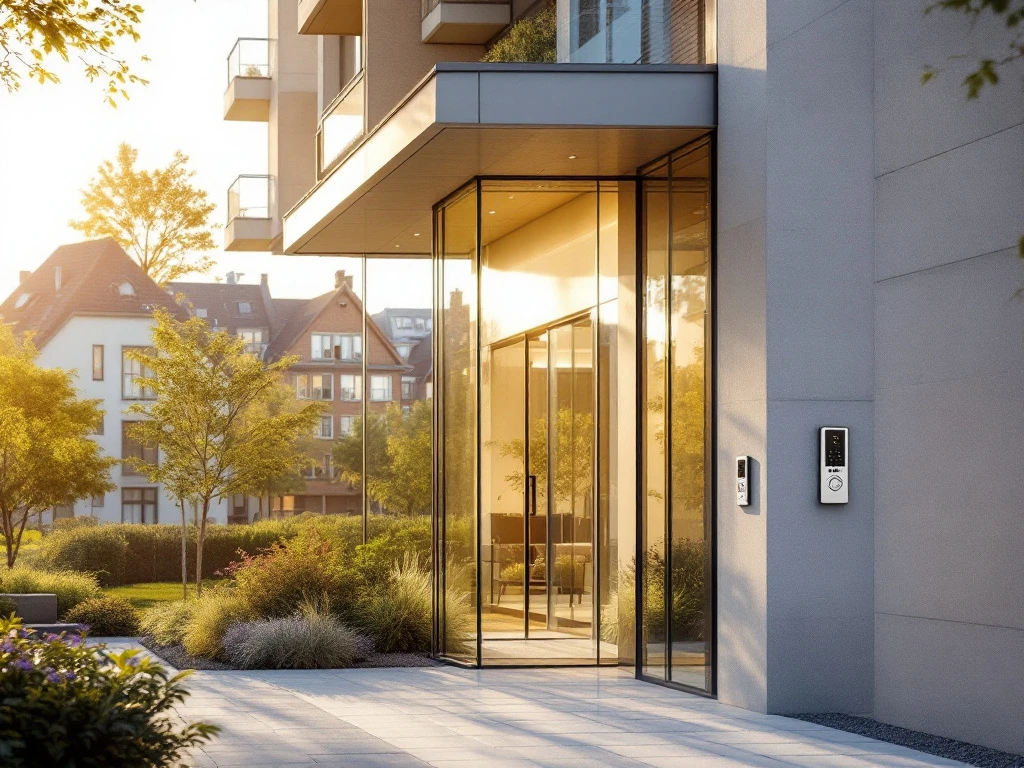 Intratone intercomsysteem bij de zonnige ingang van een modern appartementengebouw in een stedelijke omgeving.