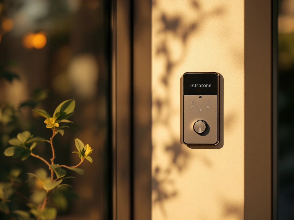Moderne Intratone intercom bij appartementencomplex met vinger wijzend naar resetknop in ochtendzon, sleutelbos ernaast, tegen warme beige entreehal.