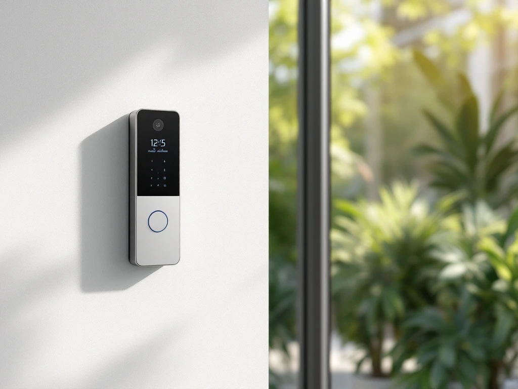 Modern Intratone intercomsysteem bij appartementeningang met smartphone waarop de app is geopend, geïnstalleerd in een lichte, uitnodigende hal met planten.