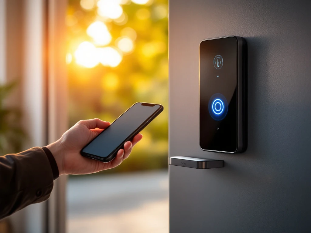 Moderne voordeur met Intratone intercomsysteem en smartphone-app, verbonden door subtiele blauwe glow. Deur staat uitnodigend open met warm zonlicht.