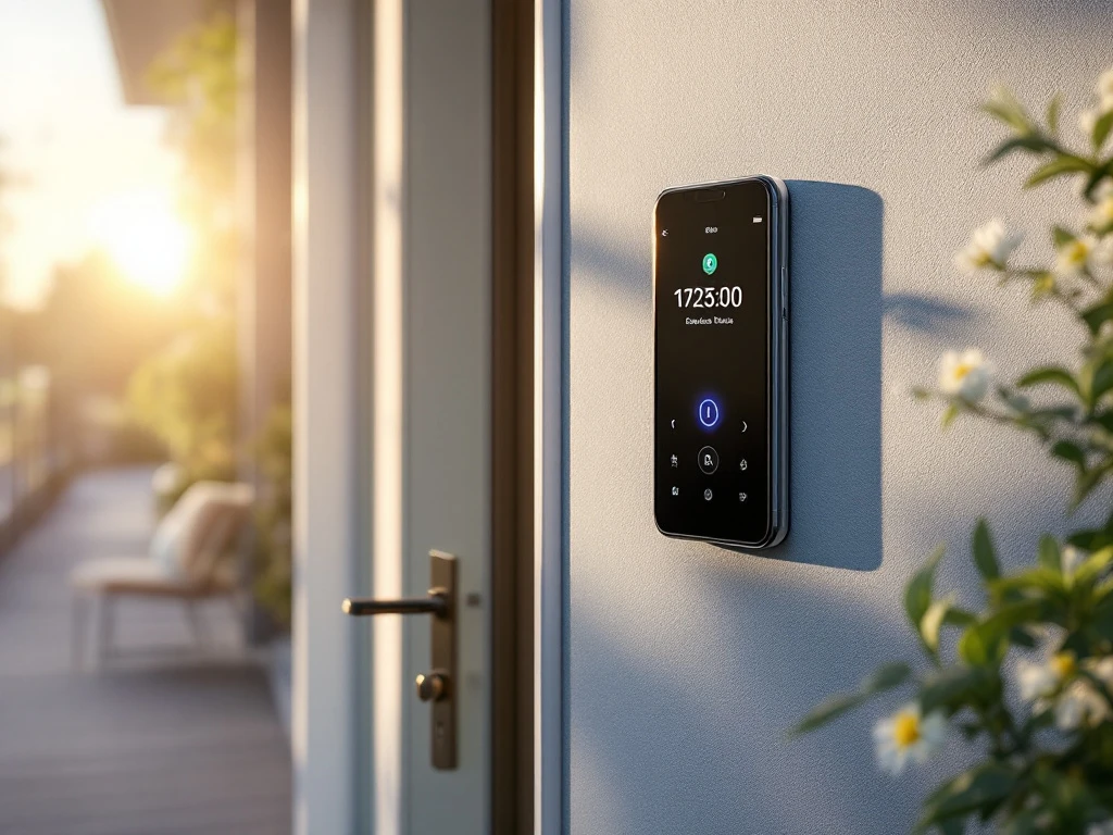 Moderne Intratone intercom naast voordeur in ochtendzon, met smartphone die de Intratone-app toont, verbonden door digitale lijnen in een warme woningentree.