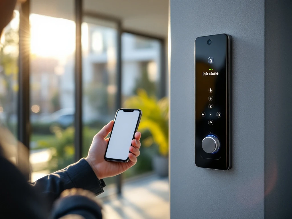Modern appartementencomplex met Intratone intercomsysteem waarbij een bewoner de gebouwtoegangsdeur opent via de smartphone-app, in een zonnige, veilige entreehal.
