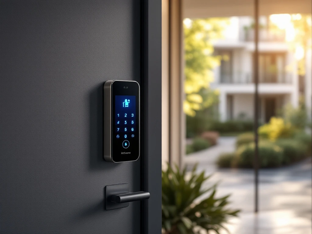 Moderne voordeur met Intratone intercomsysteem waarbij een hand met smartphone de toegang ontgrendelt, getoond door een groene LED.