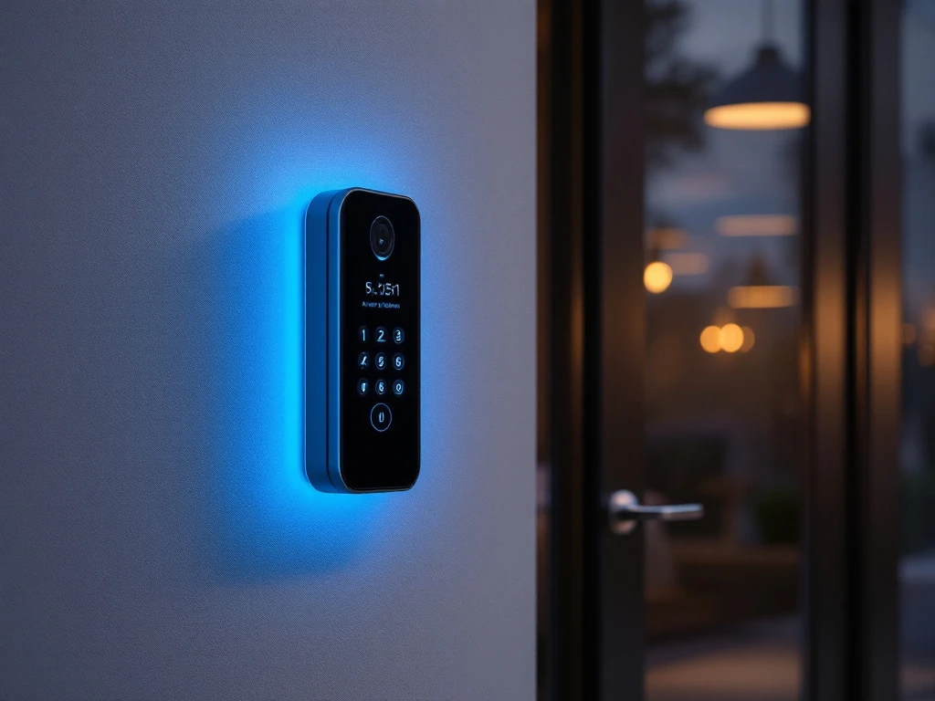 Moderne Intratone intercom bij appartementsgebouw ingang met smartphone die draadloos beheersysteem toont, in warm verlichte entree.