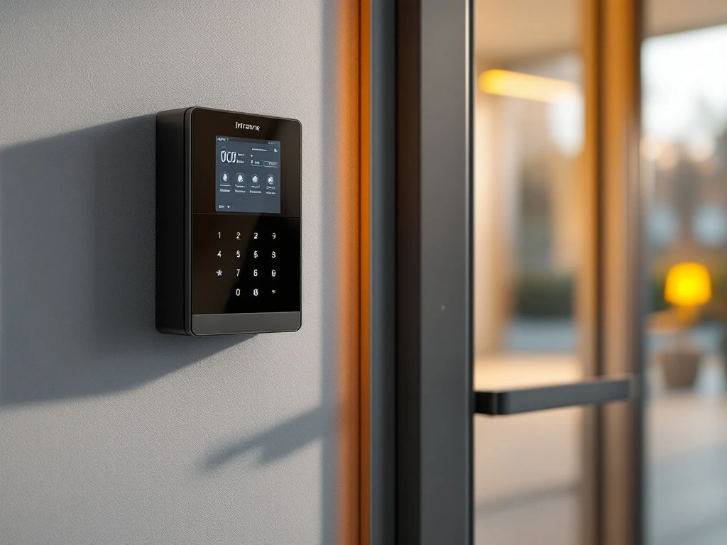 Modern Intratone intercomsysteem met touchscreen naast traditioneel toegangspaneel op lichte muur met blauwe LED-indicator.
