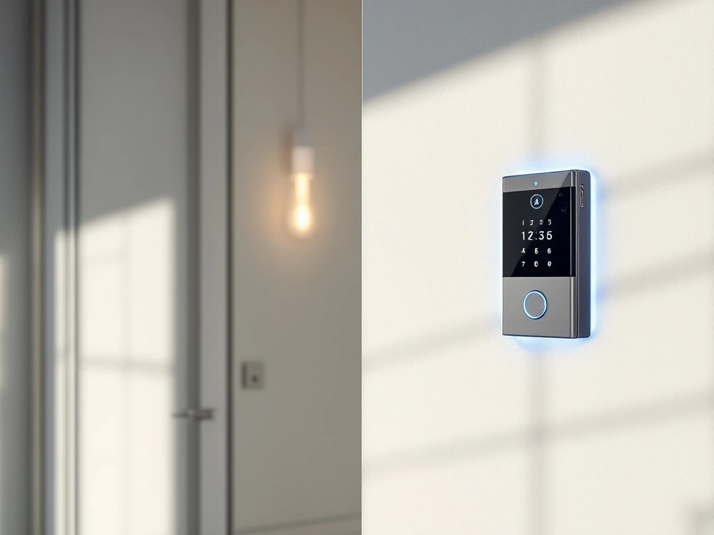 Moderne Intratone intercom-toegangssysteem op witte muur, omgeven door blauwe veiligheidsgloed en digitale verbindingen in een lichte, uitnodigende ruimte.