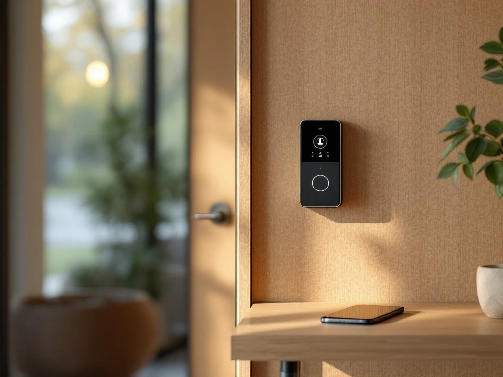 Moderne Intratone intercominstallatie naast stijlvolle voordeur met vinger boven belknop en smartphone met contactscherm in warm ochtendlicht.