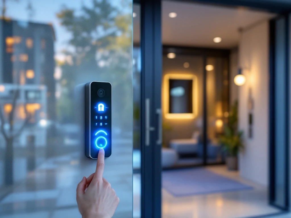 Hand met toegangspas bij Intratone intercomsysteem naast glazen entree van modern appartementencomplex met warme, uitnodigende verlichting.