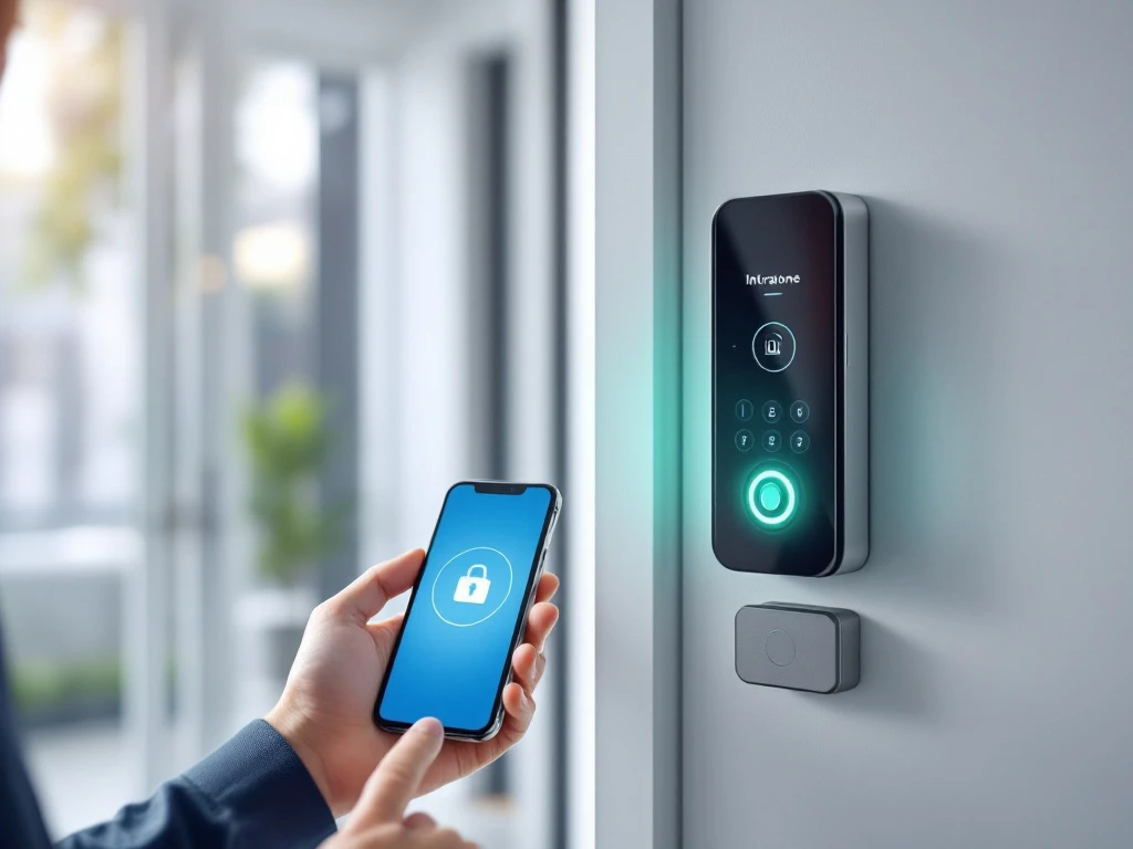 Persoon gebruikt smartphone-app om toegang te krijgen via Intratone intercom bij moderne appartementsgebouw-ingang met groen toegangslicht.