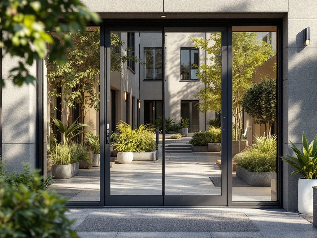 Modern appartementsgebouw met Intratone touchscreen deurpaneel naast glazen entree. Sleutelhanger wordt bij het verlichte paneel gehouden in zonnige omgeving.