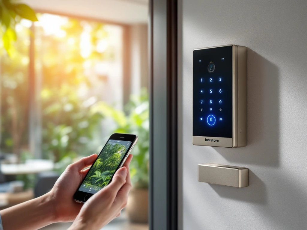 Moderne Intratone intercom bij zonnige appartementsingang, waar een hand een smartphone houdt die communiceert met het toegangssysteem met blauwe verlichting.