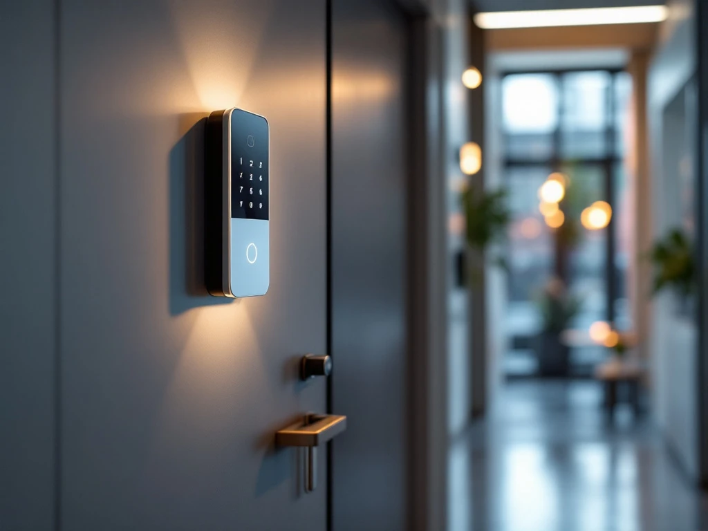 Moderne Intratone intercom met hand op keypad. Ernaast smartphone met Intratone app en sleutelbos in warme, lichte hal.