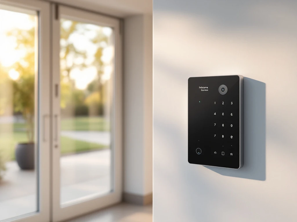 Modern gebouwentree met verlicht Intratone intercomsysteem, camerabewaking en toegangscontrole, badend in ochtendzonlicht door glazen deuren, met controlepaneel op de achtergrond.