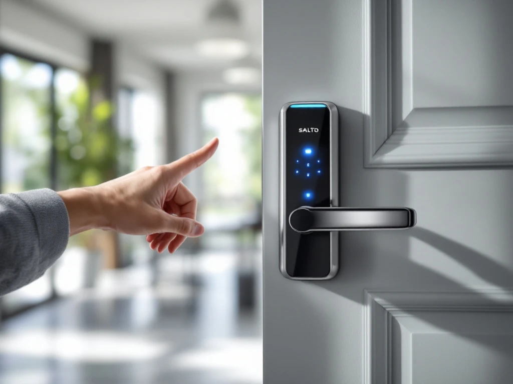 Hand houdt toegangspas bij Salto elektronische deurlezer in licht kantoor. Half open deur met blauwe LED in warm zonlicht.