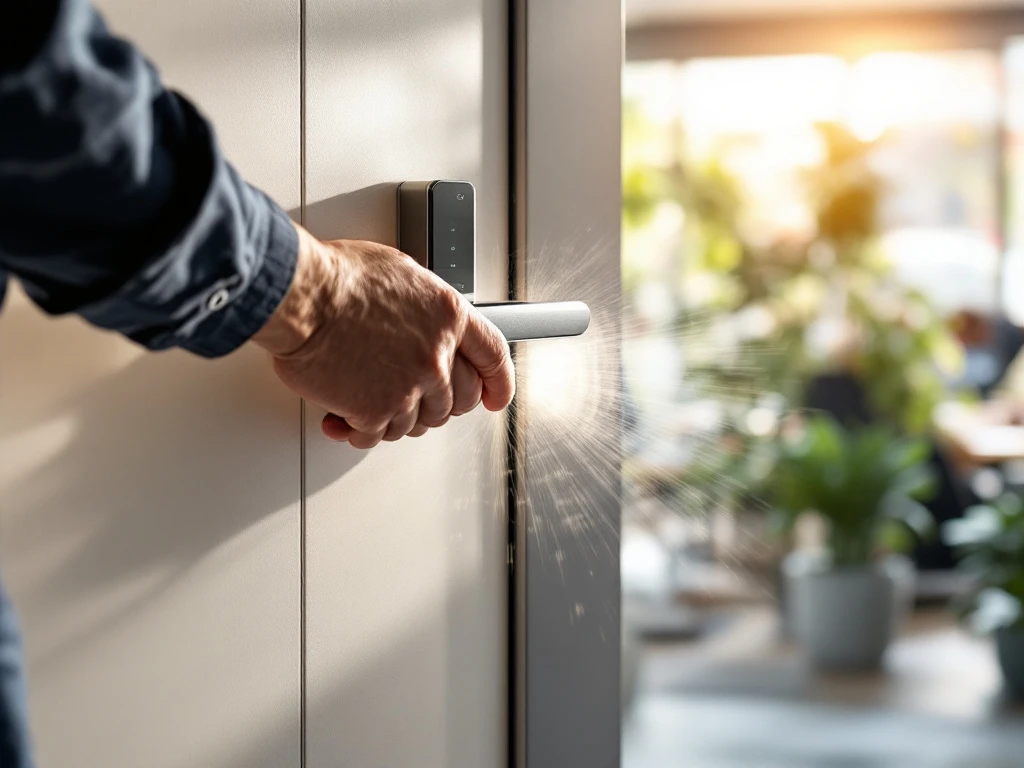 Onderhoud van een modern Salto elektronisch deurslot door professionele handen met gespecialiseerd gereedschap in een lichte kantooromgeving.