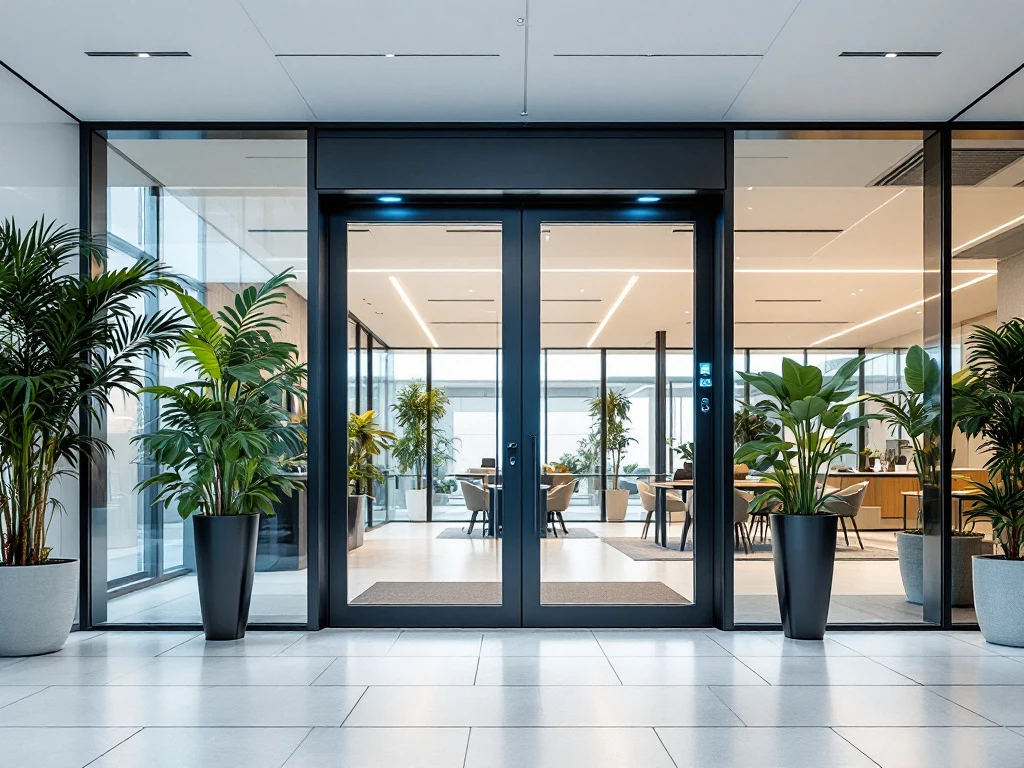 Salto elektronisch toegangscontrolesysteem met blauwe LED-verlichting op glazen deur in moderne, zonnige kantooromgeving met gescheiden afdelingen.