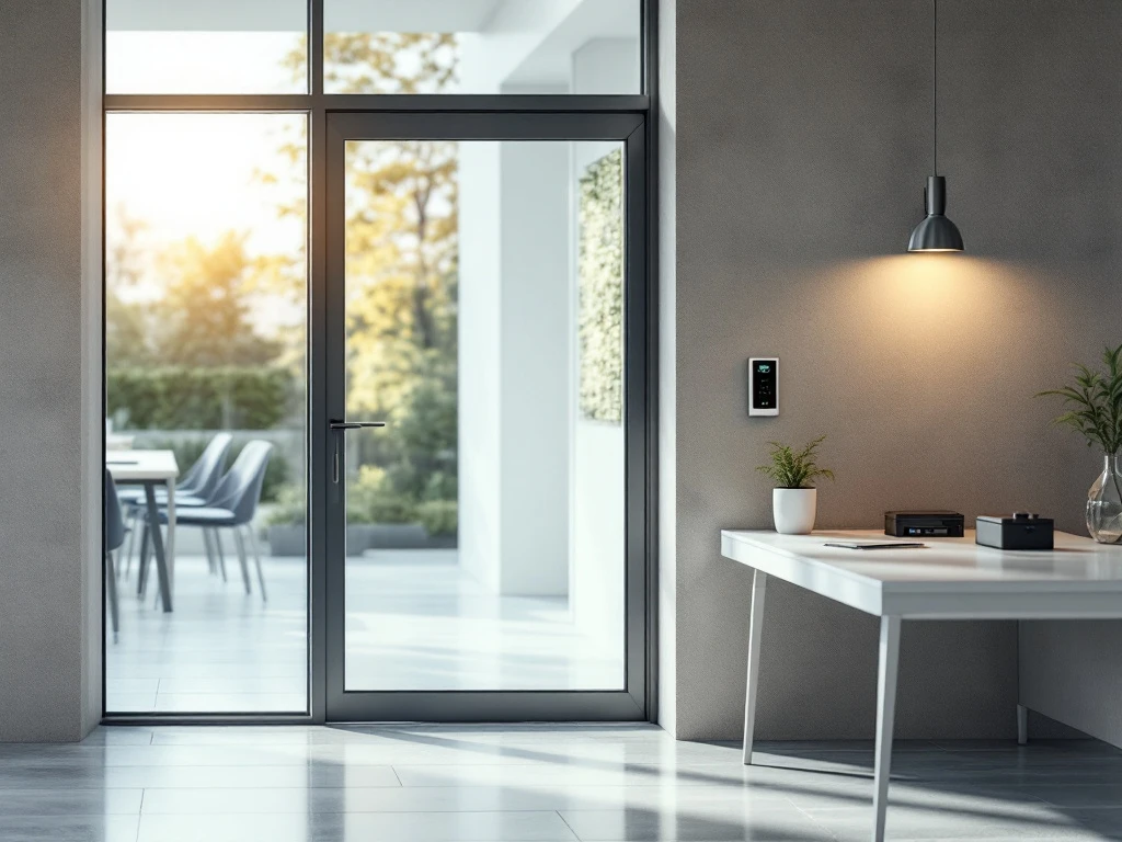 Hand scant toegangspas bij Salto elektronisch deurbeslag in modern kantoor met onderhoudgereedschap nabij in warm natuurlijk licht.