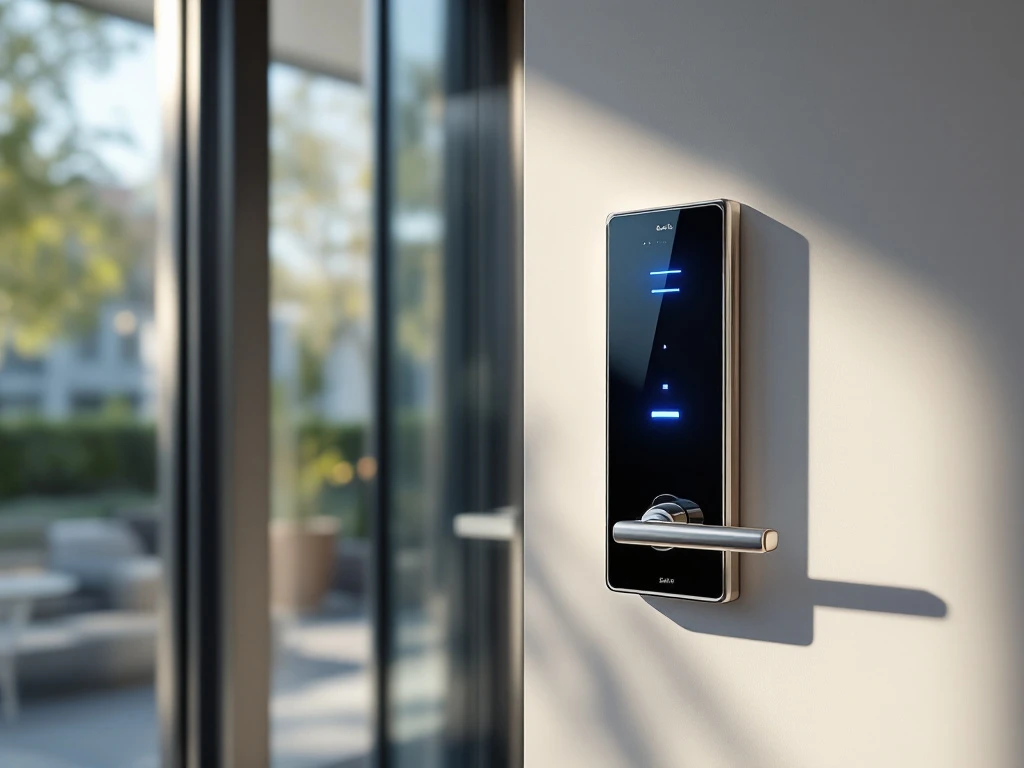 Hand met toegangspas bij Salto kaartlezer in zonnige, moderne kantoorgang. Glanzend toegangscontrolesysteem met blauwe LED op lichte muur naast glazen deur.