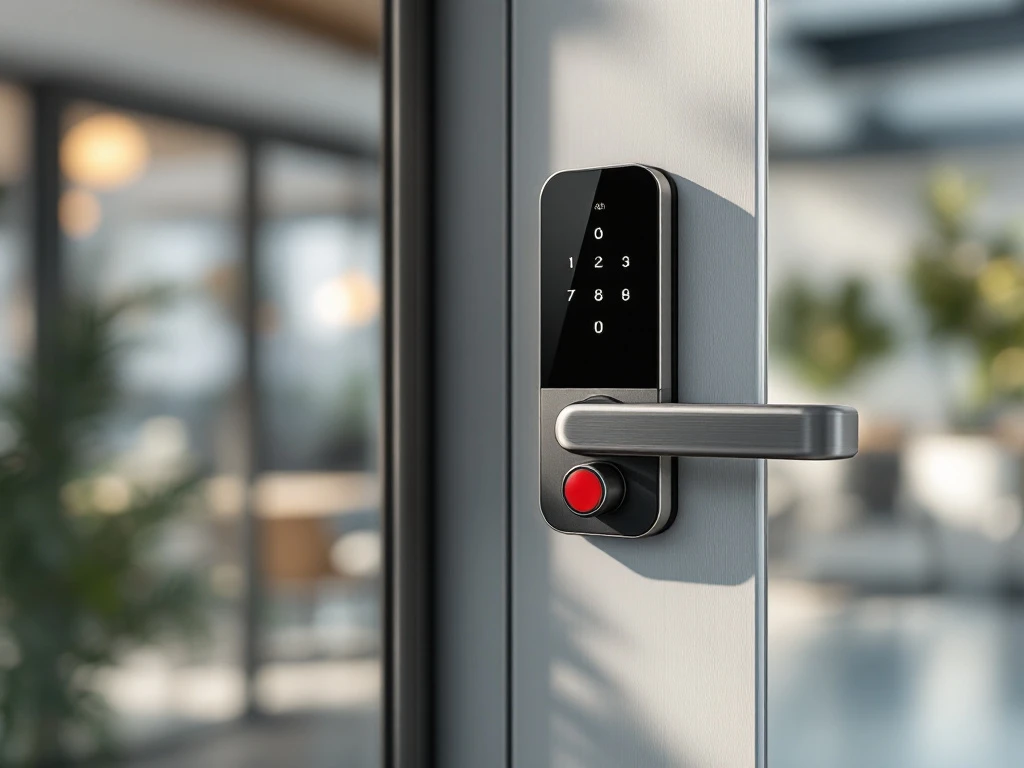 Modern Salto elektronisch toegangscontrolesysteem op een elegante deur, met zichtbare rode noodontgrendelingsknop in een licht kantoorinterieur.