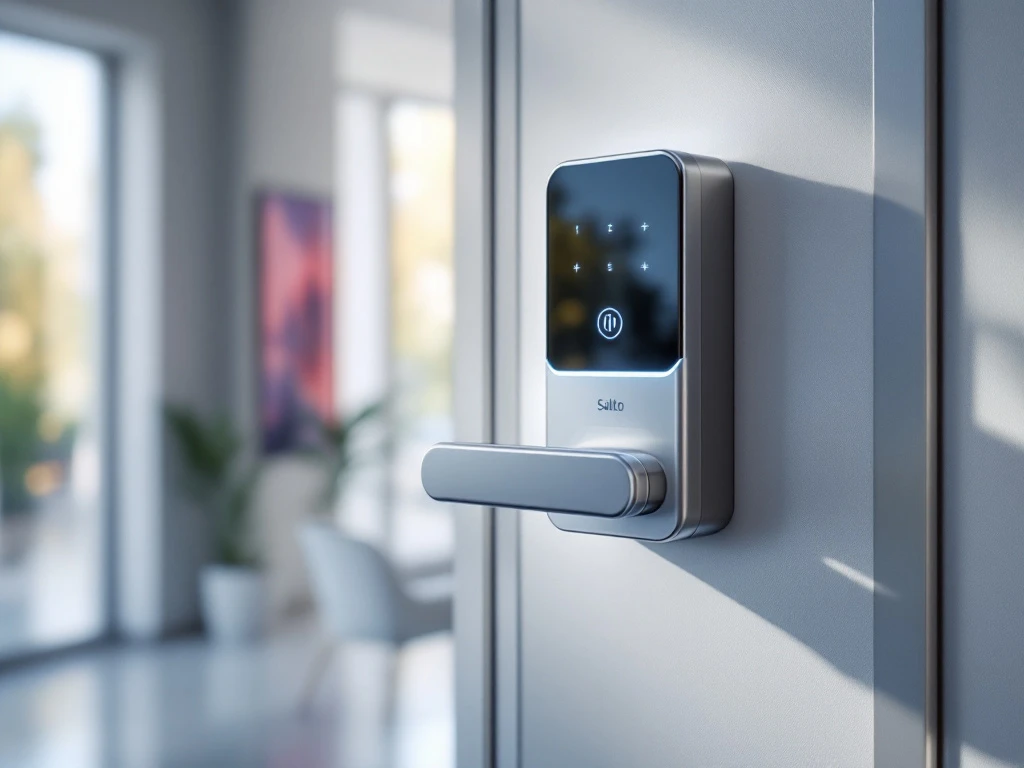 Salto elektronische toegangspas zwevend boven modern deurslot met blauwe LED-verlichting in lichte kantooromgeving, symboliseert veilige RFID-technologie.