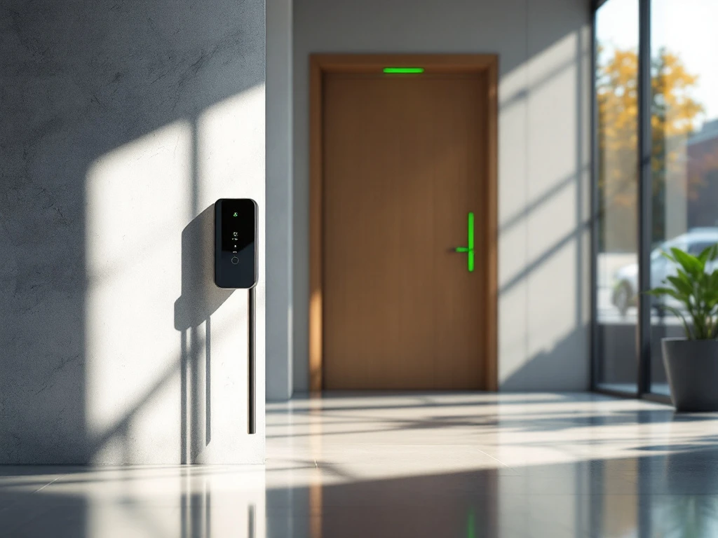 Salto toegangspas half onder bank in zonnig kantoor. Deur met Salto-lezer en groene LED zichtbaar. Sleutelhanger op bureau.