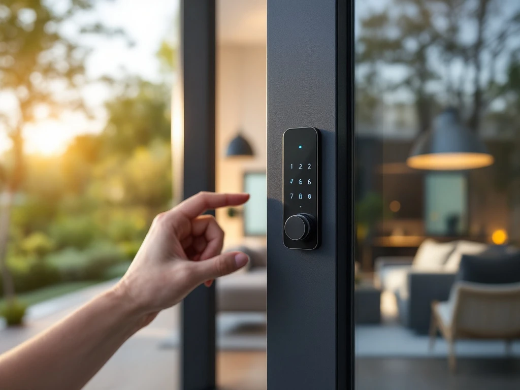 Salto elektronische toegangscontroller op glazen voordeur van modern huis, met hand die toegangspas gebruikt in warm ochtendlicht. Slimme woning zichtbaar op achtergrond.