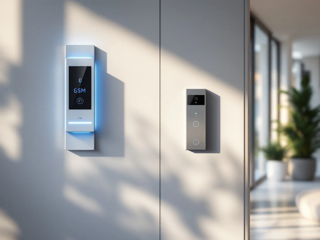 Moderne appartementenlobby met twee toegangscontrolesystemen: Intratone GSM-intercom en traditioneel bedraad paneel, met zwevende sleutelhanger en proximity tag.