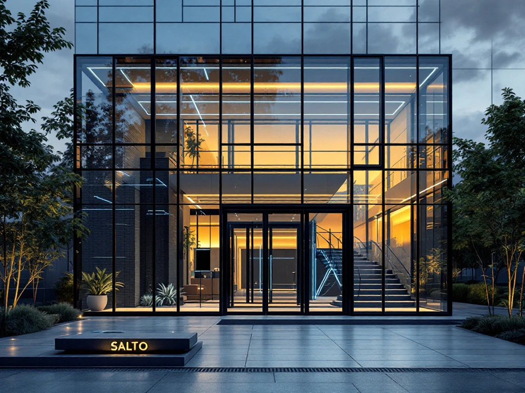 Modern kantoorgebouw met Salto toegangscontrole. Keycard zweeft boven deurlezer met blauw LED-licht. Draadloze verbindingen tonen schaalbaarheid van het systeem.