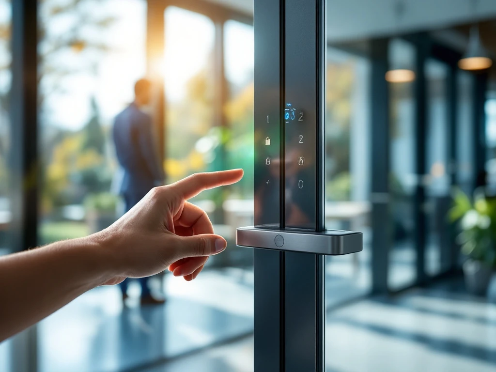 Hand scant toegangspas bij Salto elektronisch toegangscontroleapparaat in moderne kantooromgeving met glazen deur en lichte ontvangstruimte.
