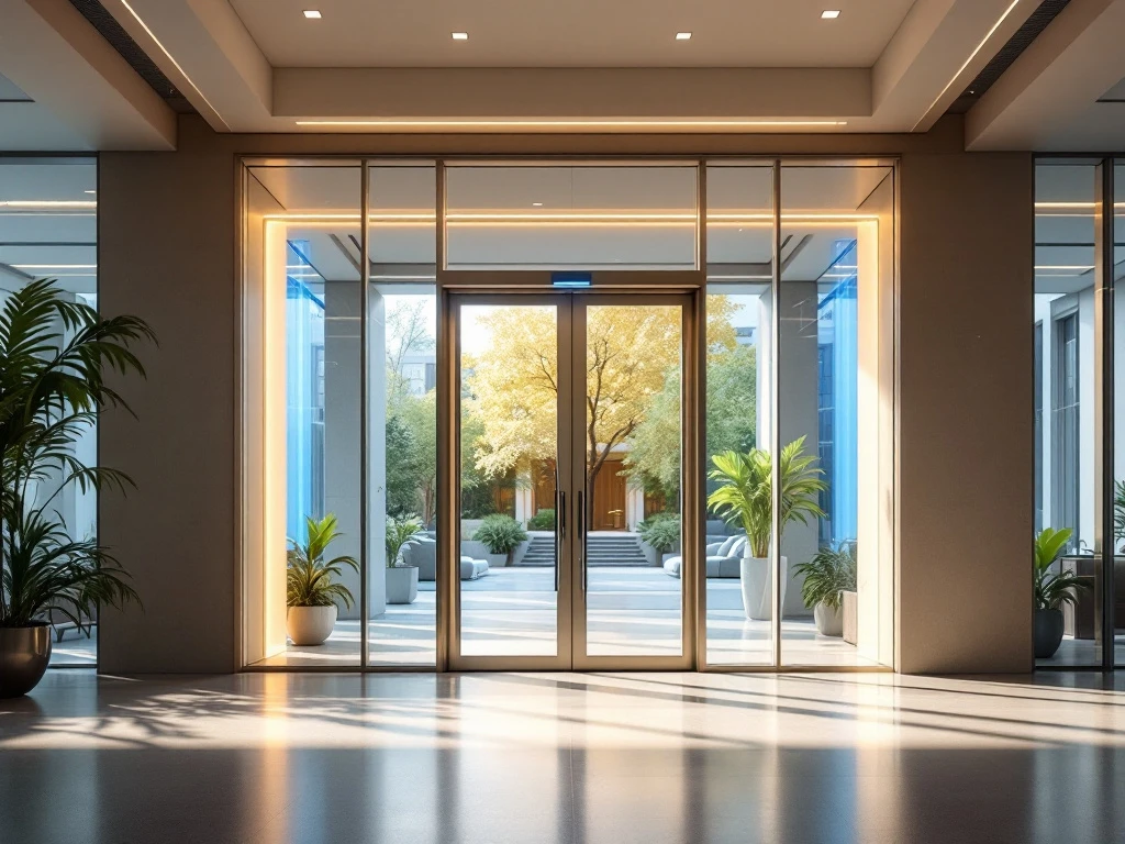 Moderne kantoorlobby met SALTO toegangspaneel, geïntegreerd met beveiligingssystemen via blauwe lichtlijnen in een zonnige, uitnodigende ruimte.