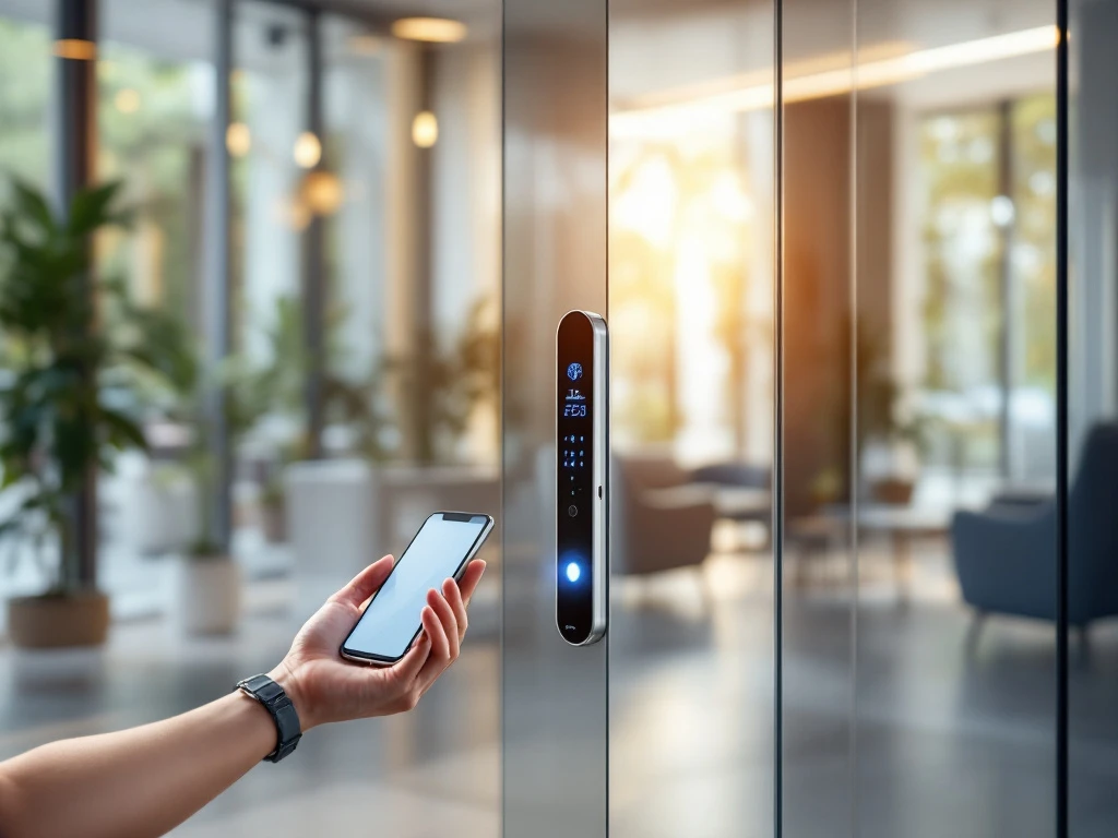 Hand met sleutelkaart bij Salto elektronische toegangscontrolelezer op glazen deur in moderne, lichte kantooromgeving met professionele lobby op achtergrond.