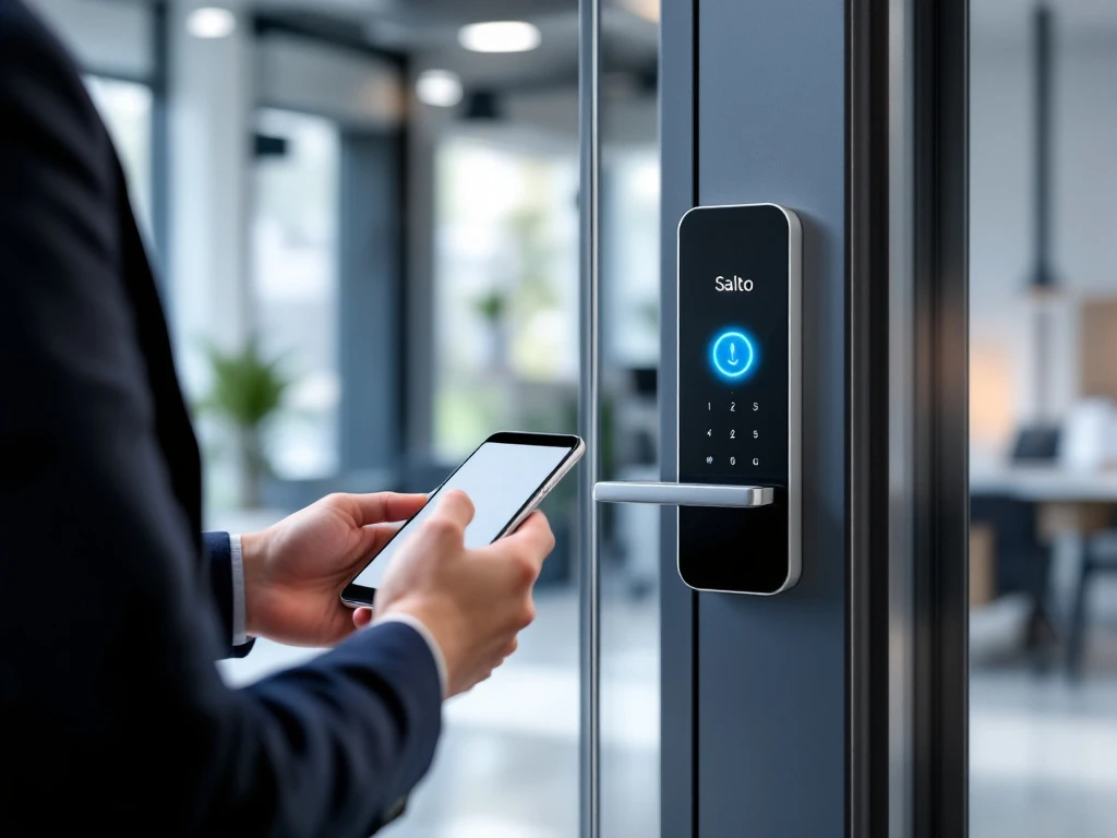 Salto elektronisch toegangssysteem waarbij een smartphone wordt gebruikt om een moderne glazen kantoordeur te ontgrendelen in een lichte, zonnige werkomgeving.