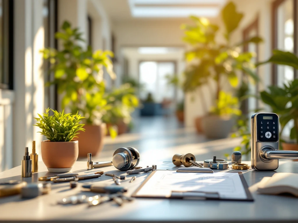 Professionele onderhoudsgereedschappen en sleutels op werktafel in moderne appartementengang met natuurlijk licht