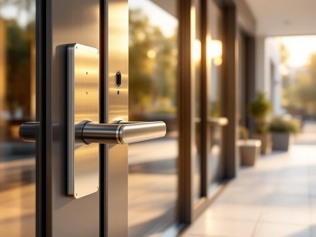 Moderne zakelijke ingang met hoogwaardige veiligheidsbeslag in geborsteld staal bij warm daglicht