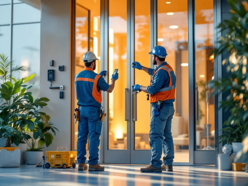 Twee professionele slotenmakers installeren beveiligingssystemen bij moderne kantoorgebouw ingang, teamwerk en vakmanschap