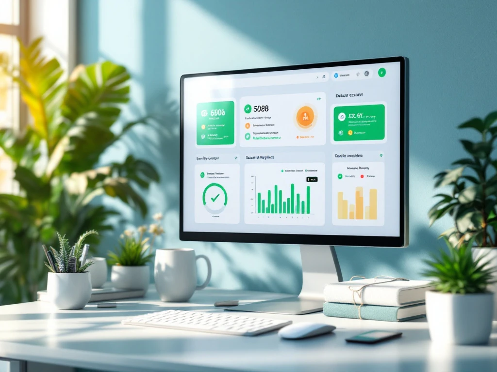 Moderne computermonitor toont kleurrijke beveiligingsdashboard met groene vinkjes op georganiseerd bureau met toegangskaarten