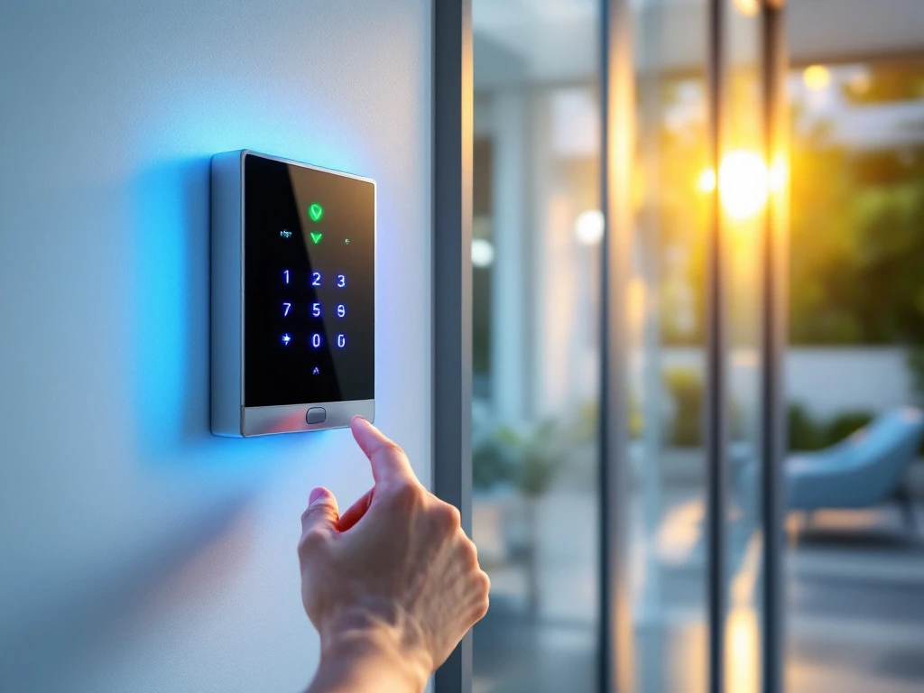 Hand bedient moderne digitale toegangscontrole met blauwe LED-verlichting bij appartementencomplex ingang