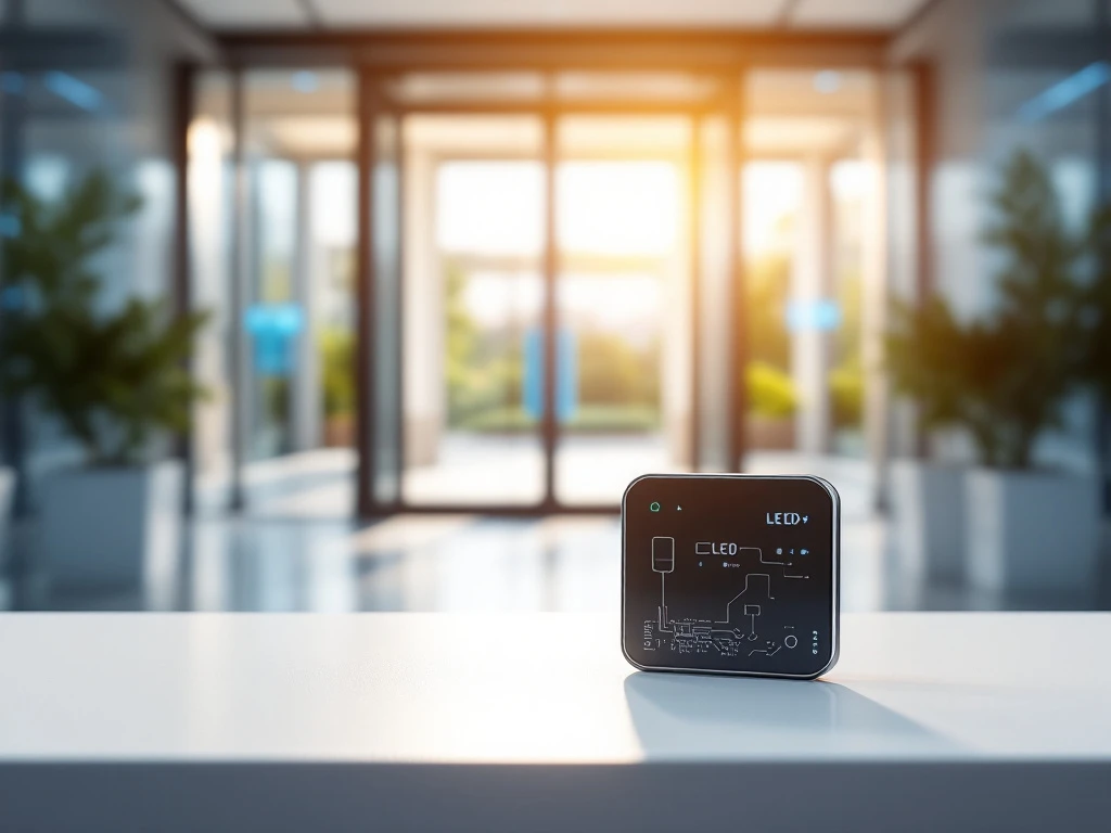 Moderne digitale toegangskaart met LED-indicatoren op wit oppervlak voor eigentijdse glazen gebouwingang