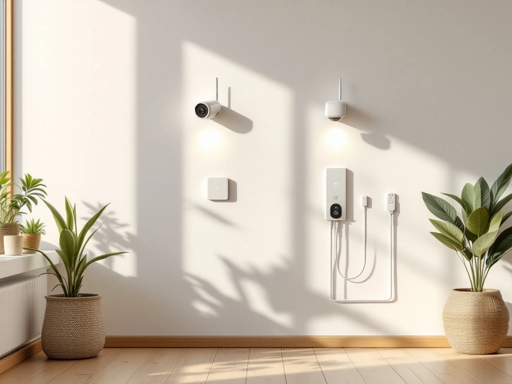 Moderne draadloze beveiligingscamera's en traditionele bedrade systemen in hedendaags huis met warme verlichting