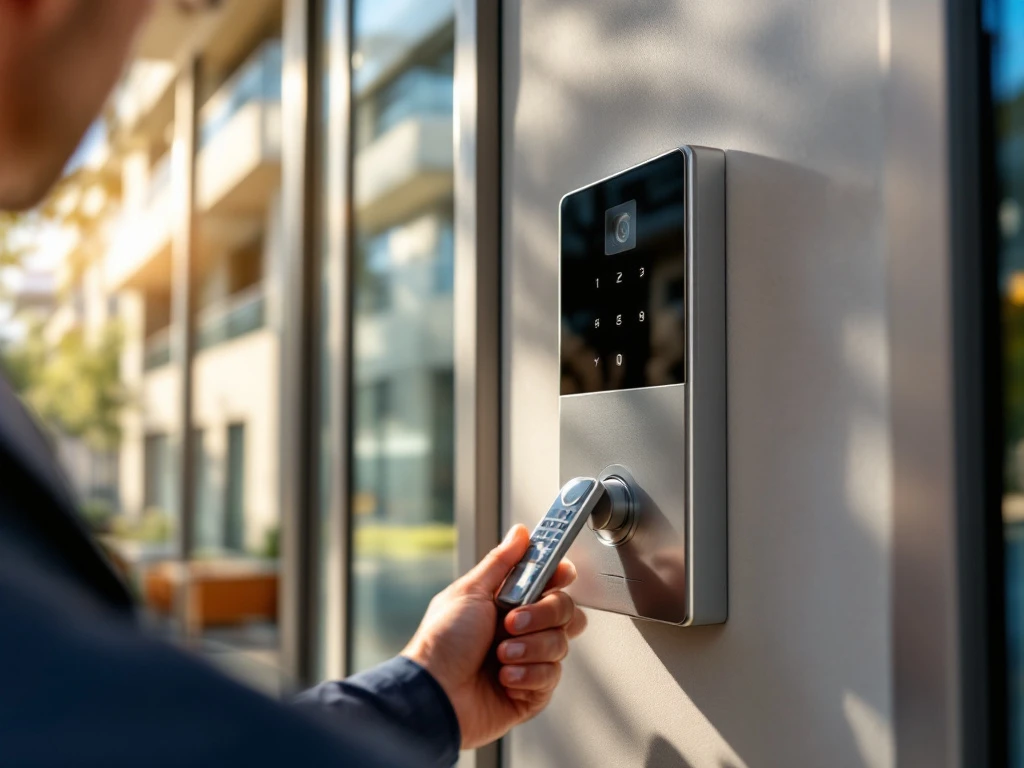 Technicus installeert Intratone intercomsysteem bij moderne appartementencomplex ingang met glazen deuren