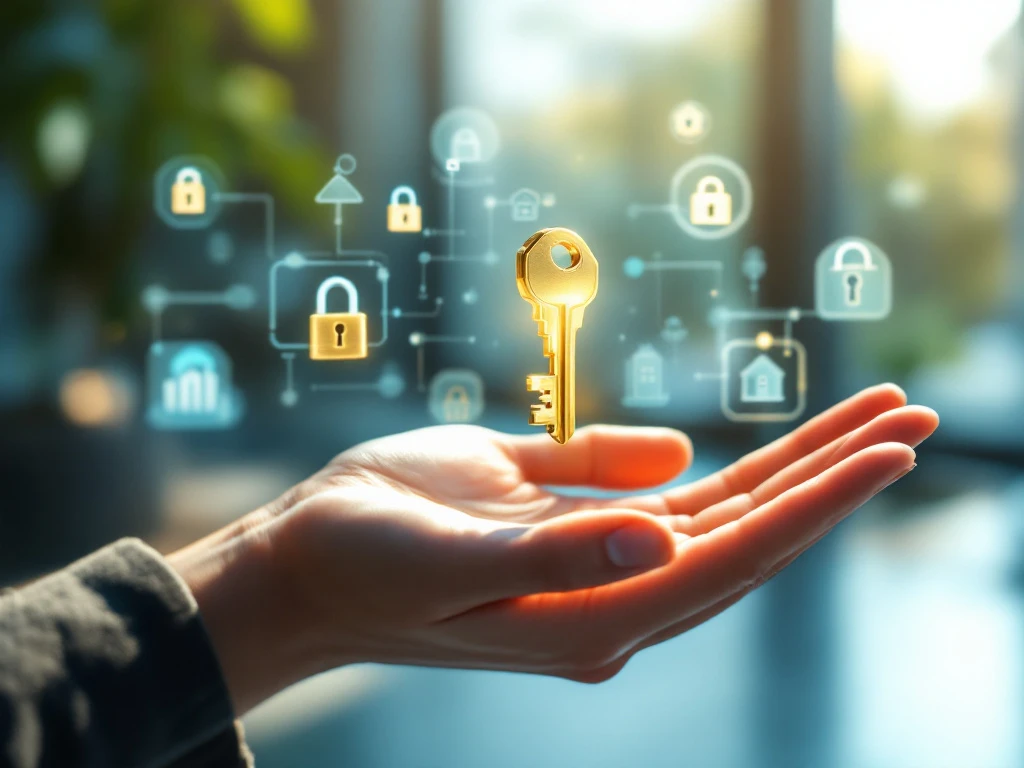 Gouden sleutel zweeft boven open hand met slot- en beveiligingselementen in warme, professionele verlichting