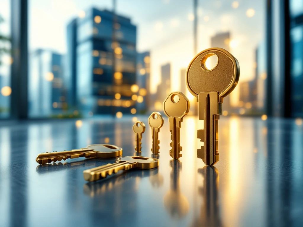 Hiërarchisch gerangschikte messing sleutels met hoofdsleutel voor moderne gebouwen verbonden door gouden lichtsporen