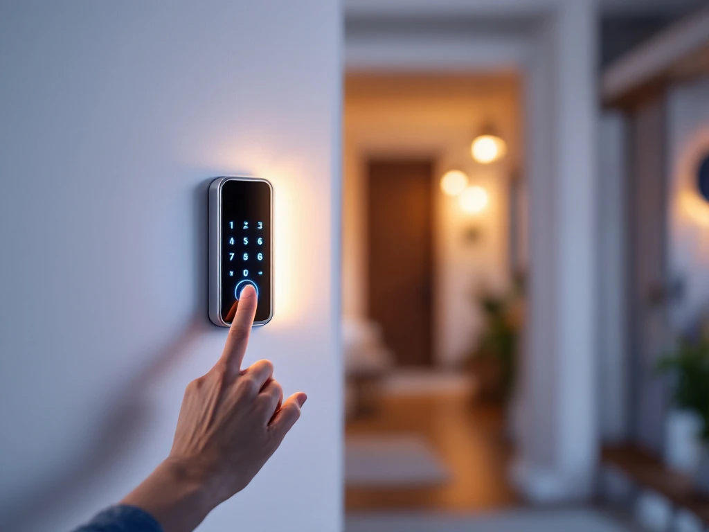 Moderne slimme deurslot met digitaal toetsenblok op witte deur, hand nadert keypad, warme verlichting, veilig huis
