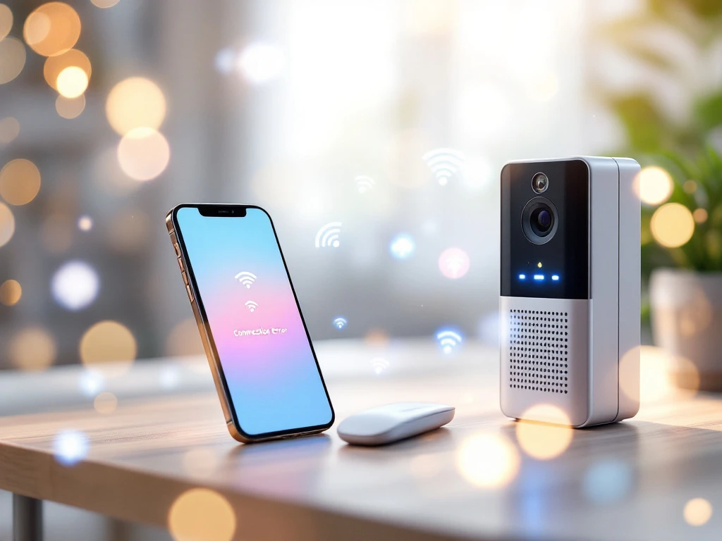 Smartphone met verbindingsfout naast moderne intercom op houten tafel, omringd door WiFi-signalen en zachte verlichting