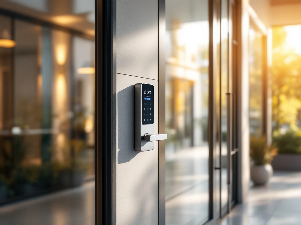 Moderne appartementencomplex entree met elektronisch toegangscontrolesysteem naast glazen deuren in helder daglicht