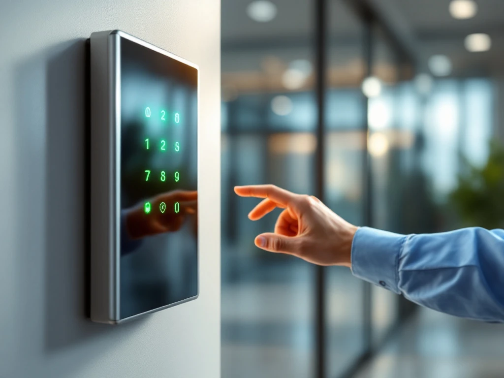 Moderne digitale toegangscontrolepaneel met groene LED-indicatoren, hand in werkkleding bedient het systeem