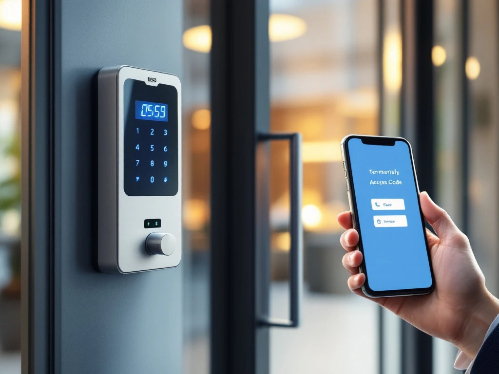 Digitaal toegangscontrolesysteem met smartphone-app bij moderne kantooringang met blauwe LED-indicatoren