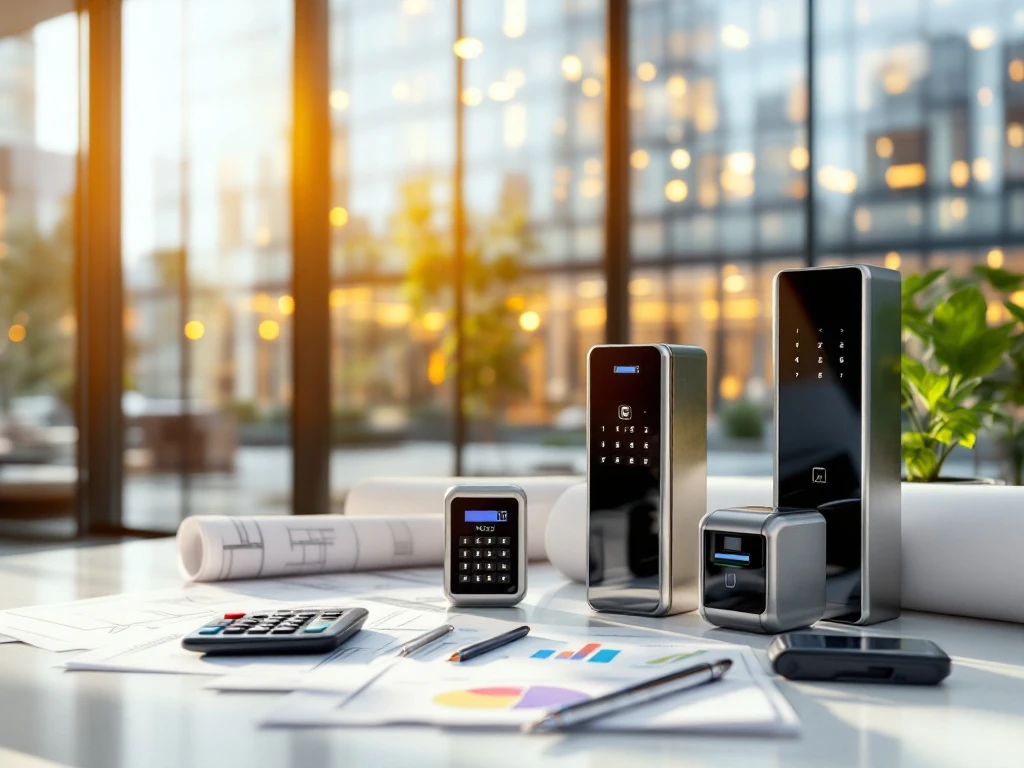 Moderne elektronische toegangscontrolesystemen en kaartlezers op bureau met bouwplannen en modern kantoorgebouw